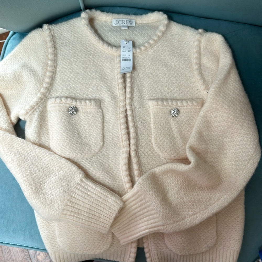 Brand New! JCrew cream cardigan with rhinestone buttons